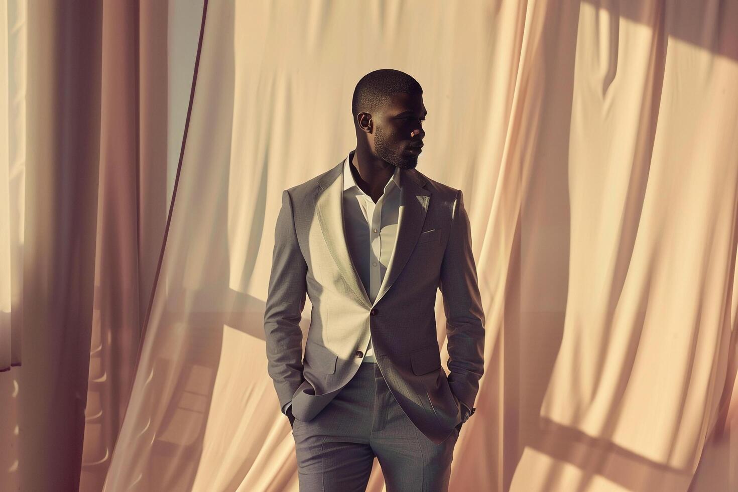 Chic Fashion Model in a Casual Suit with a Silk Ivory Background Trendy Male portrait elegant Lifestyle photo