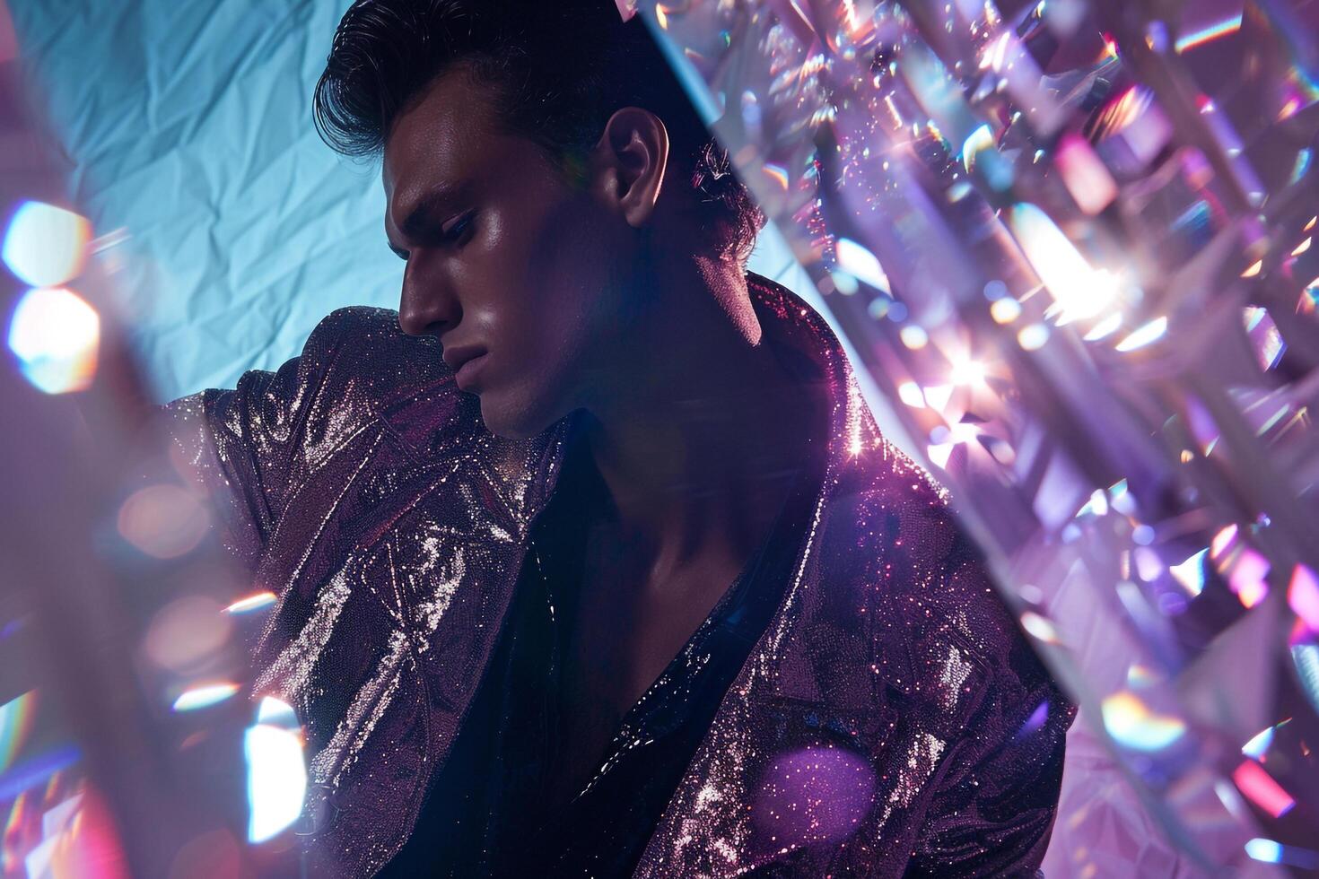 elegant Male Fashion Model in a Glamorous Jacket with Crystal Background perfect for Luxe Lifestyle portraits and Upscale Maleswear Style photo