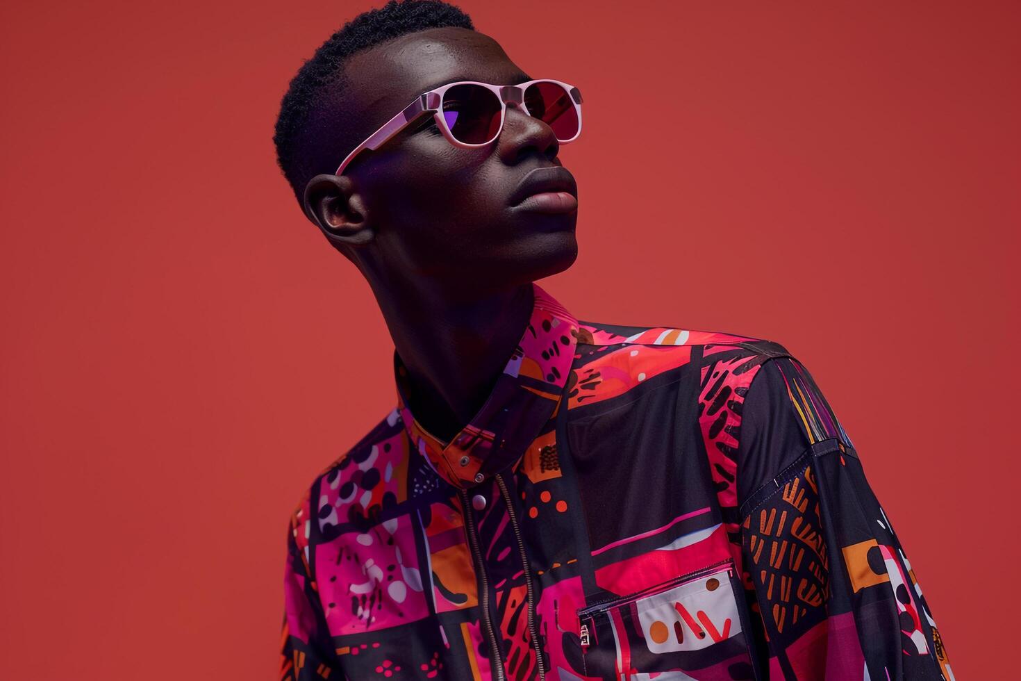 Sophisticated Fashion Model in StateMale piece with print Suit and Maroon Background emphasizing Chic Maleswear portraits photo