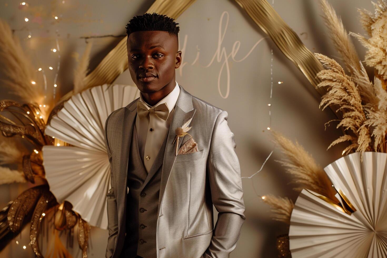 Handsome Fashion Model in Three piece Suit with Champagne Gold Background elegant Males portrait Classic Suit Look Modern Fashion Lifestyle portrait photo