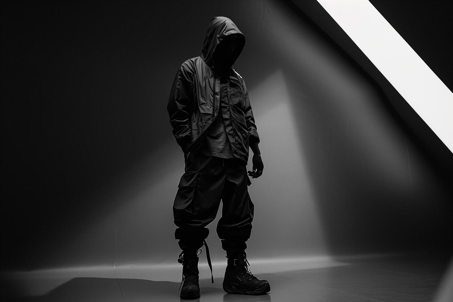 Stylish Fashion Model in Cloth Infused Outfit Black and White Lifestyle portrait with Chic Background photo