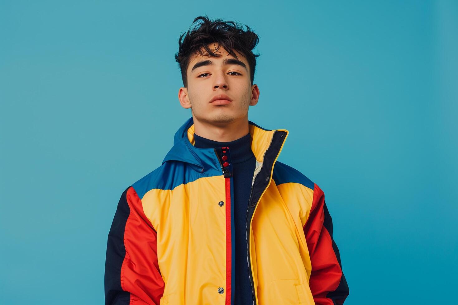 Trendy Fashion Look Retro Jacket Fashion Model powder Blue Lifestyle Setting Stylish Male Background photo