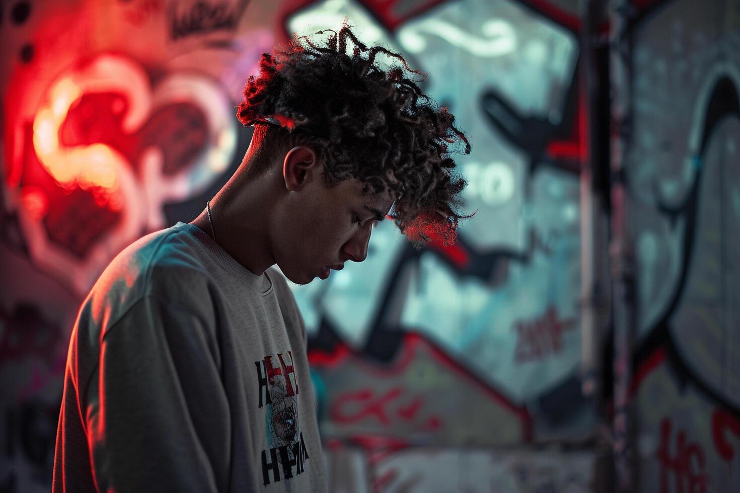 Fashion Model in Graphic Sweatshirt with Graffiti Trendy Modern portrait with Stylish Fashion edge photo