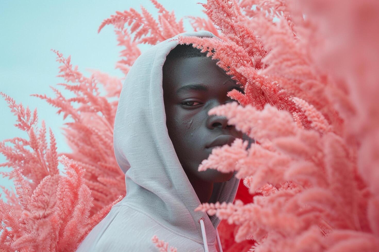 High end Hoodie in Soft Coral Urban Lifestyle portrait Featuring Modern Male Fashion Background perfect for Adding a Touch of Contemporary Style to Urban Settings photo