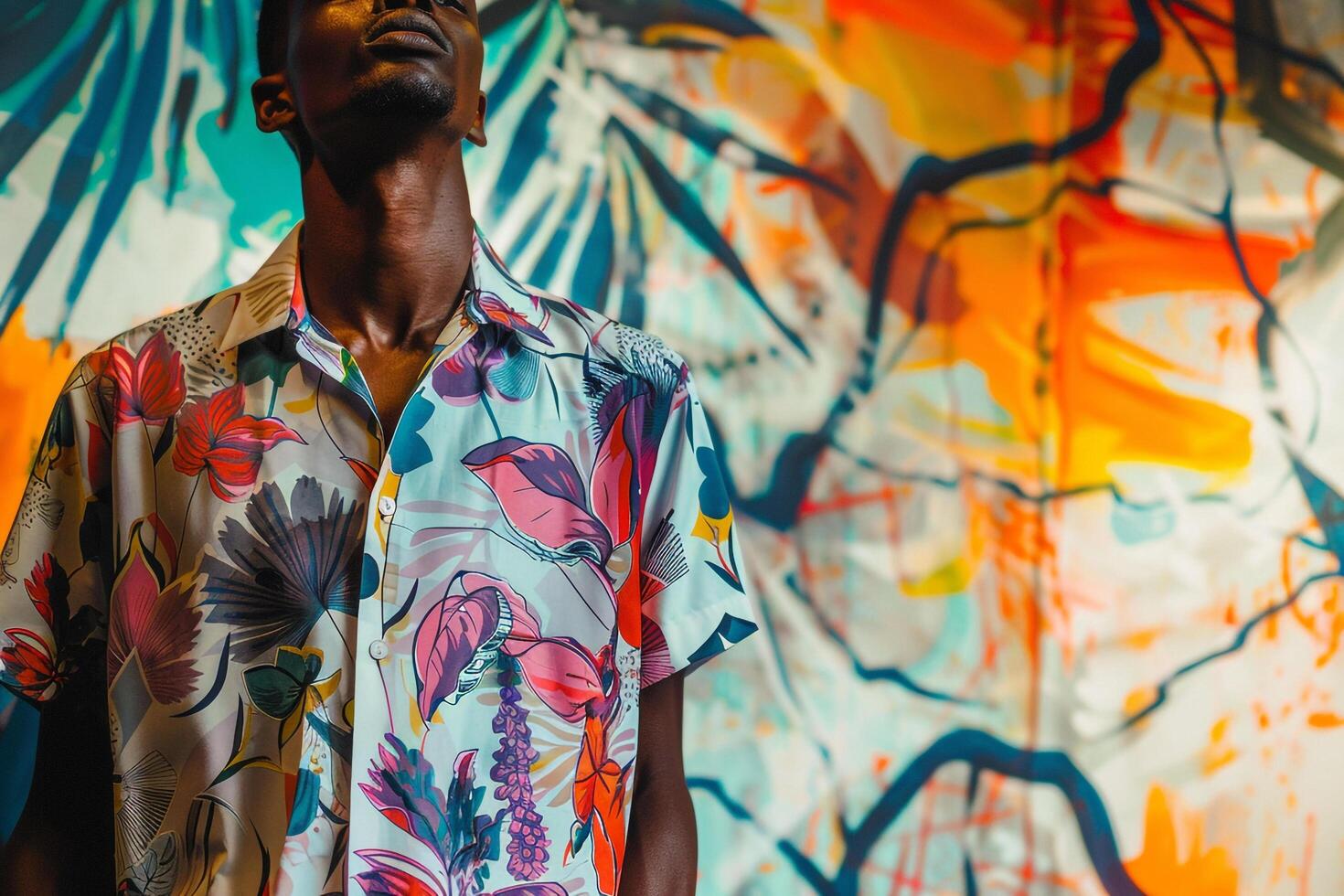 Hand painted patterns Shirt Male Fashion Model Trendy portrait Modern Background Fashionable Hand painted Design Stylish Lifestyle Contemporary Apparel photo