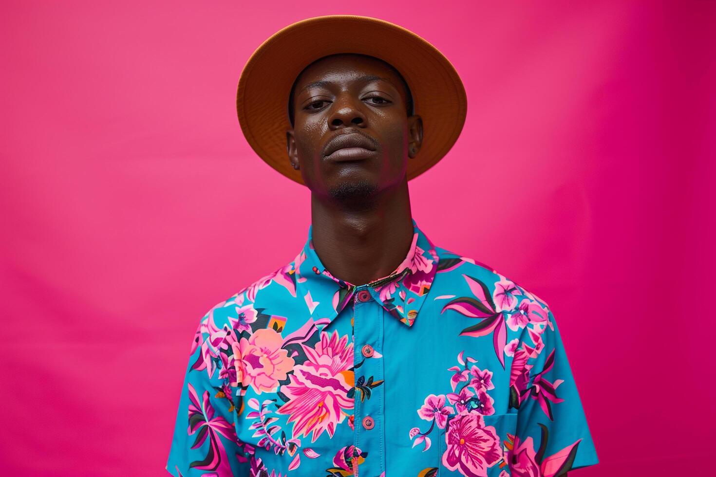 Male model in a hot pink shirt set against a vibrant background creating a trendy portrait that reflects modern Males fashion and casual lifestyle photo