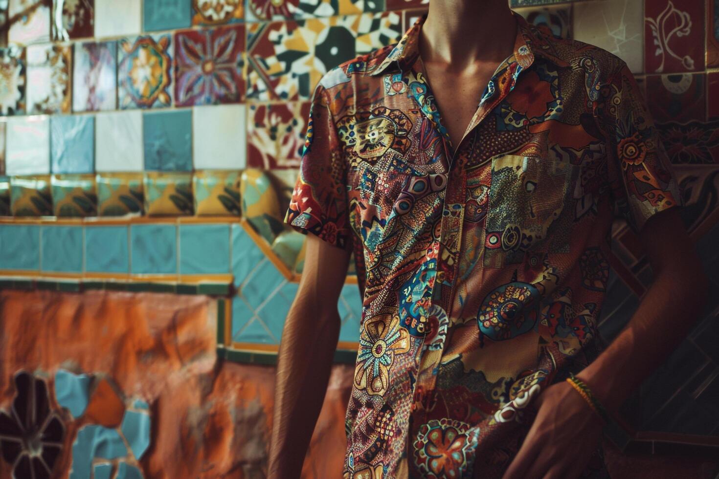 Fashionable male model in a patterned shirt with mosaic tile background creating a unique portrait with a dynamic design highlighting modern Males fashion photo