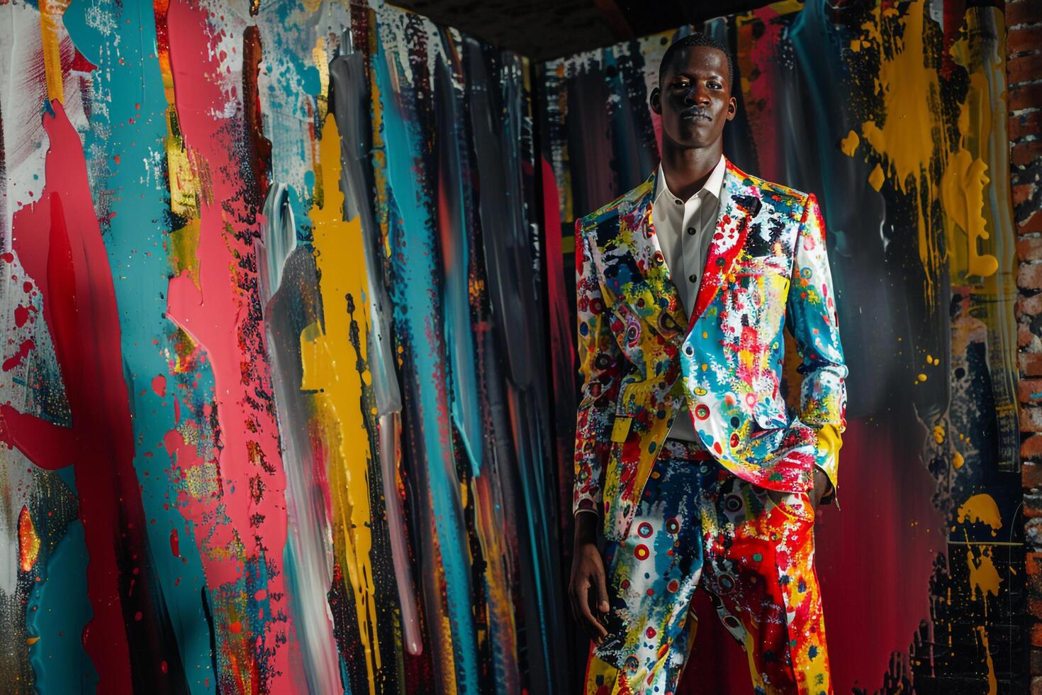 Trendy Males fashion with a suit featuring brush strokes highlighting a chic lifestyle in a fashionable portrait with a rich background photo