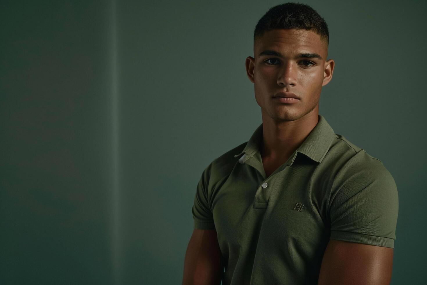 Fashionable male model in slate green polo shirt modern style relaxed lifestyle stylish portrait photo