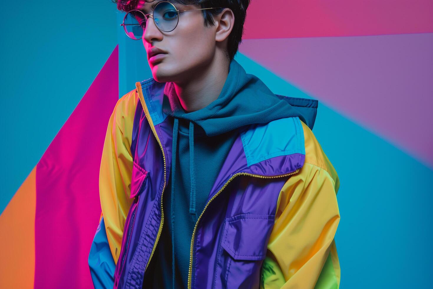 Fashionable male model in an 80s style windbreaker with neon geometric patterns Highlighting bold fashion and a retro lifestyle with a vibrant touch photo