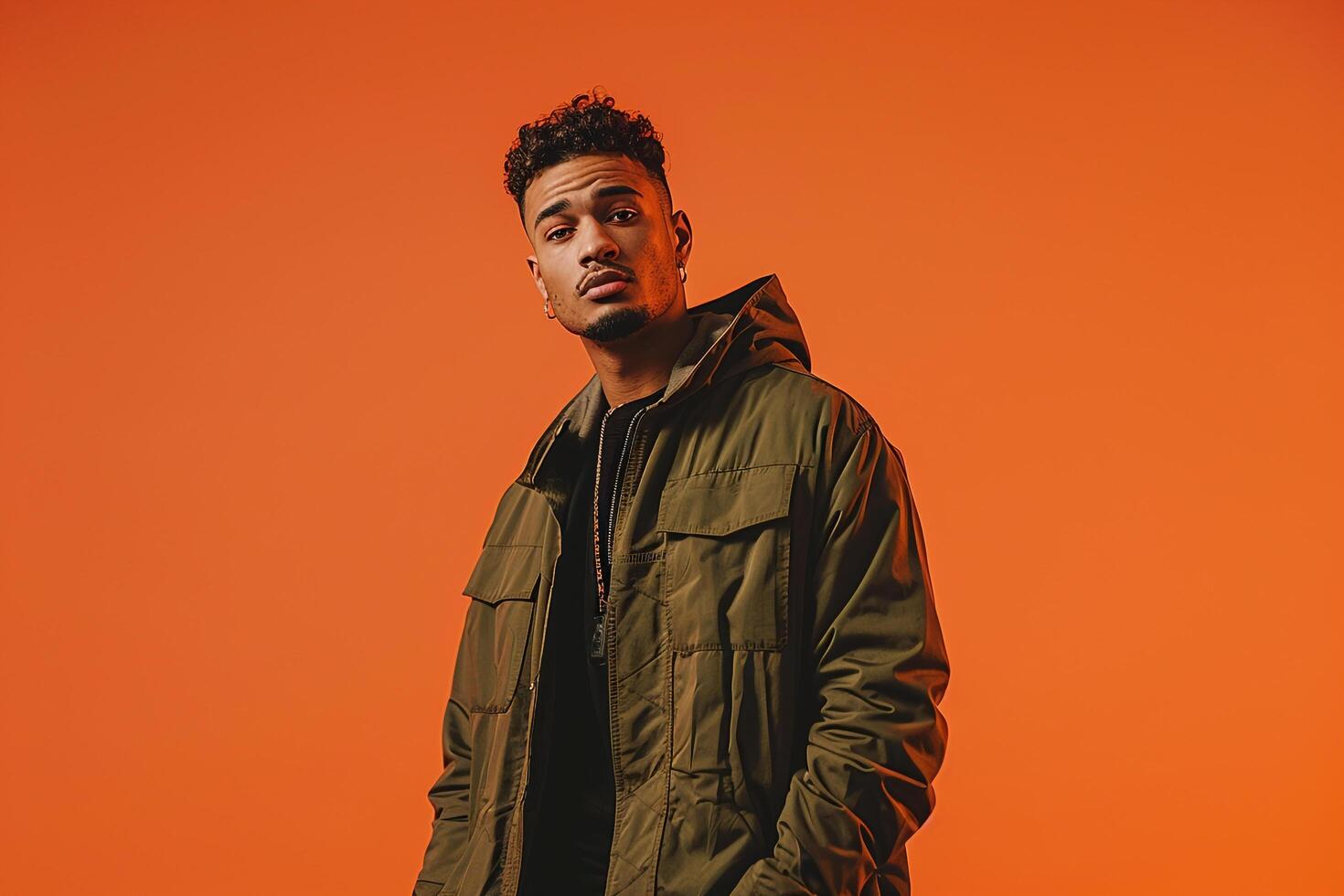 Trendy male model in streetwear jacket rust orange background fashionable portrait showcasing modern urban style and trendy lifestyle photo