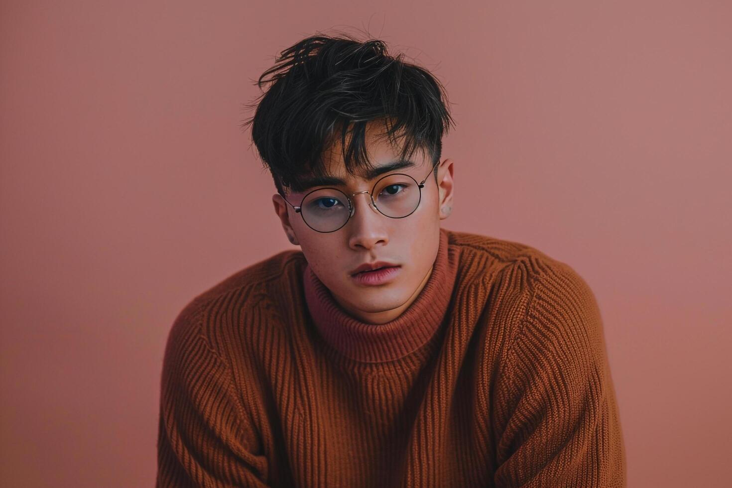 Fashionable male model in brown pullover and casual glasses dusty rose background presenting a stylish and modern lifestyle portrait with a casual edge photo