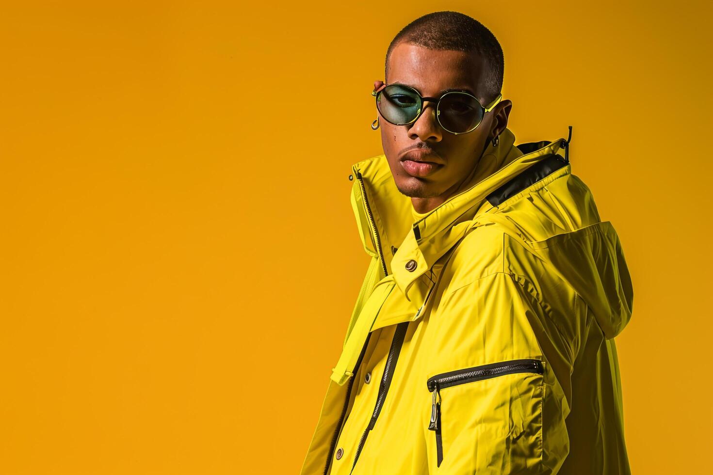 Fashionable male model in bright yellow jacket olive green background featuring a modern and chic lifestyle portrait with emphasis on contemporary fashion aesthetics photo