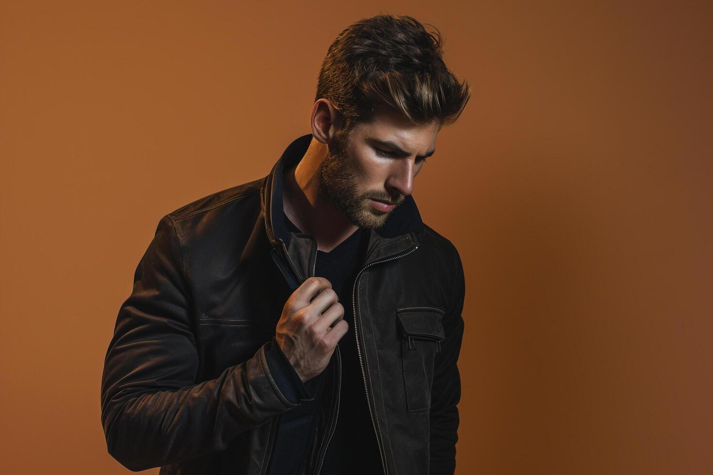 Stylish male model in a zip up jacket with a light brown background highlighting a fashionable and costume oriented lifestyle portrait photo