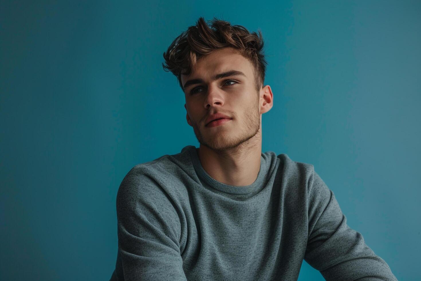 Slate Gray pullover Clad Male with Maleswear Background Highlighting Lifestyle and Males Fashion portrait Features photo