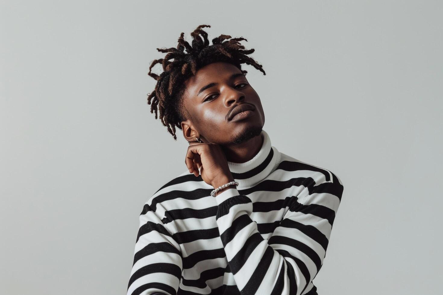 black and white striped pullovermale dress shot withlight sage Males background Fashionable lifestyle portrait emphasizingstyle photo