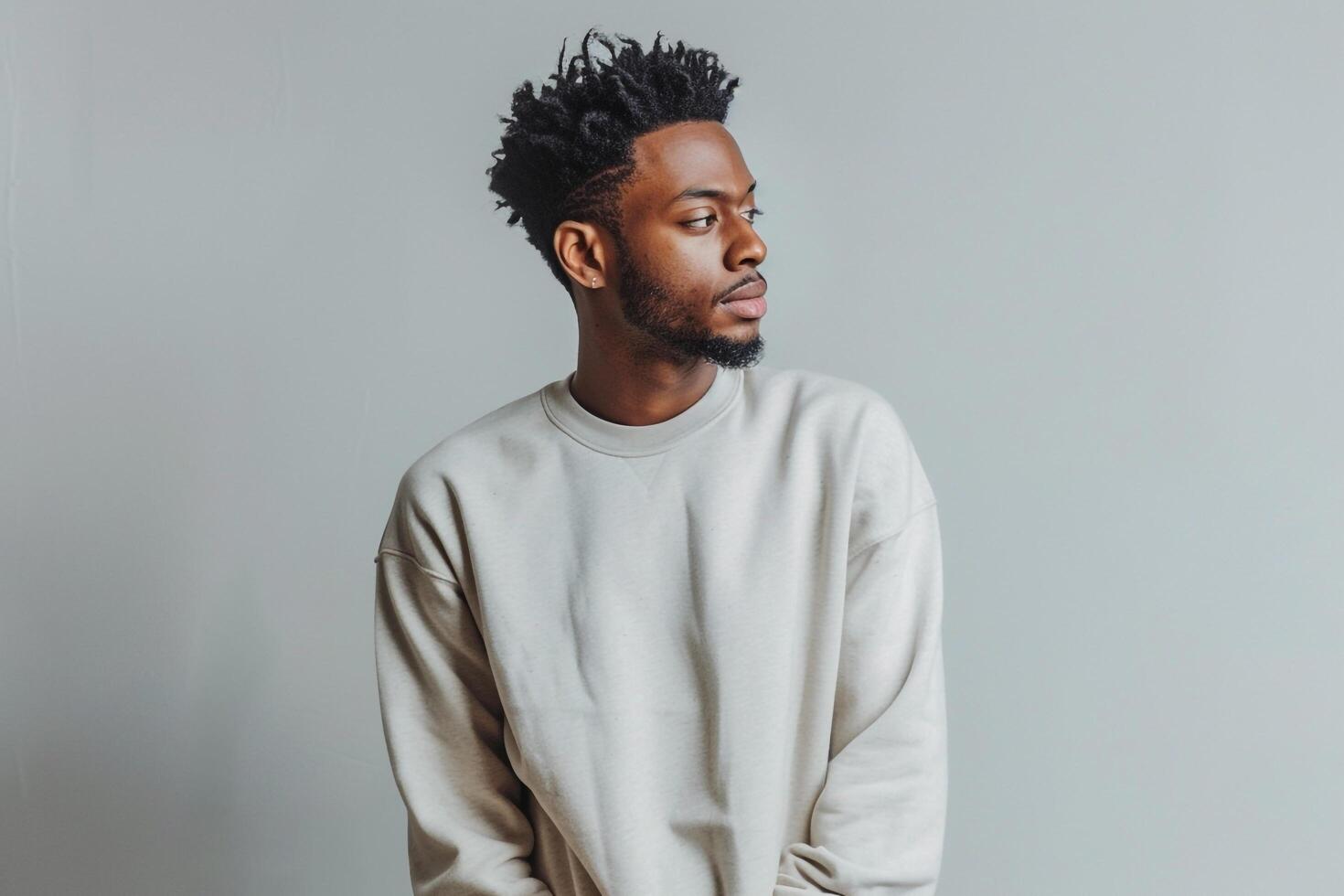Stylish male fashion model in a sweatshirtmale dress shot withoutfit Males backgroundshowcasingfashion and lifestyle portrait with a contemporary twist photo