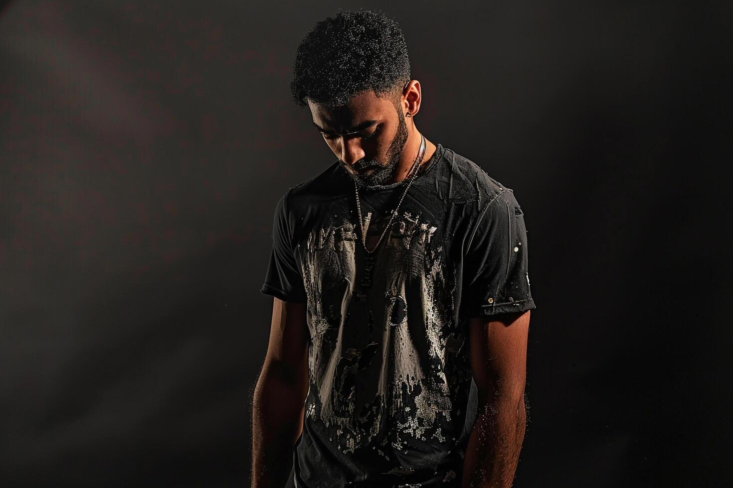 Distressed Graphic Tee Clad Male Fashion portrait with Black Background Featuring Bold and Trendy Style photo