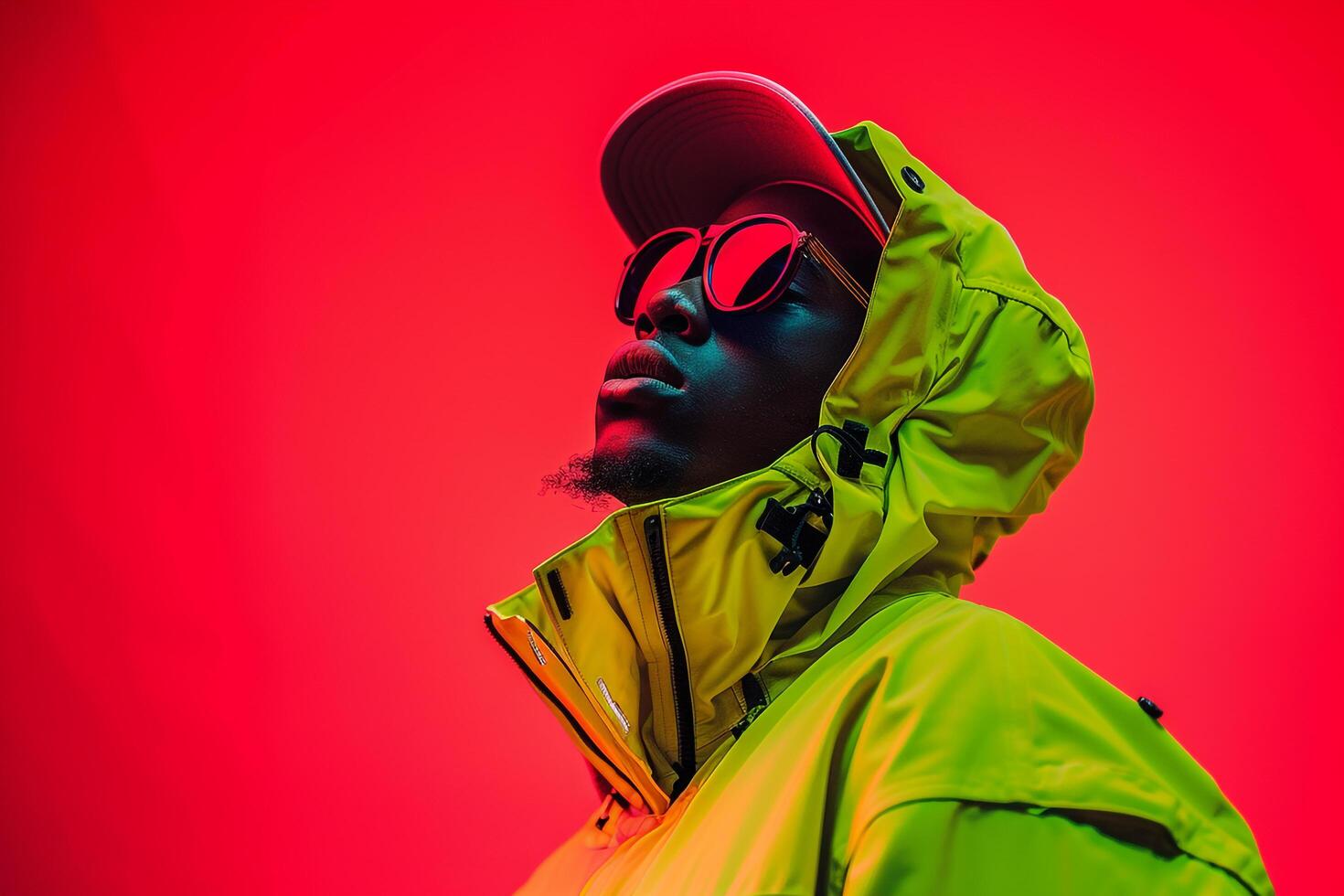 Modern Neon Yellow Clothwear Jacket and Glasses Clad Male Fashion portrait with Maleswear Background emphasizing a Cutting edge Fashion StateMalet photo