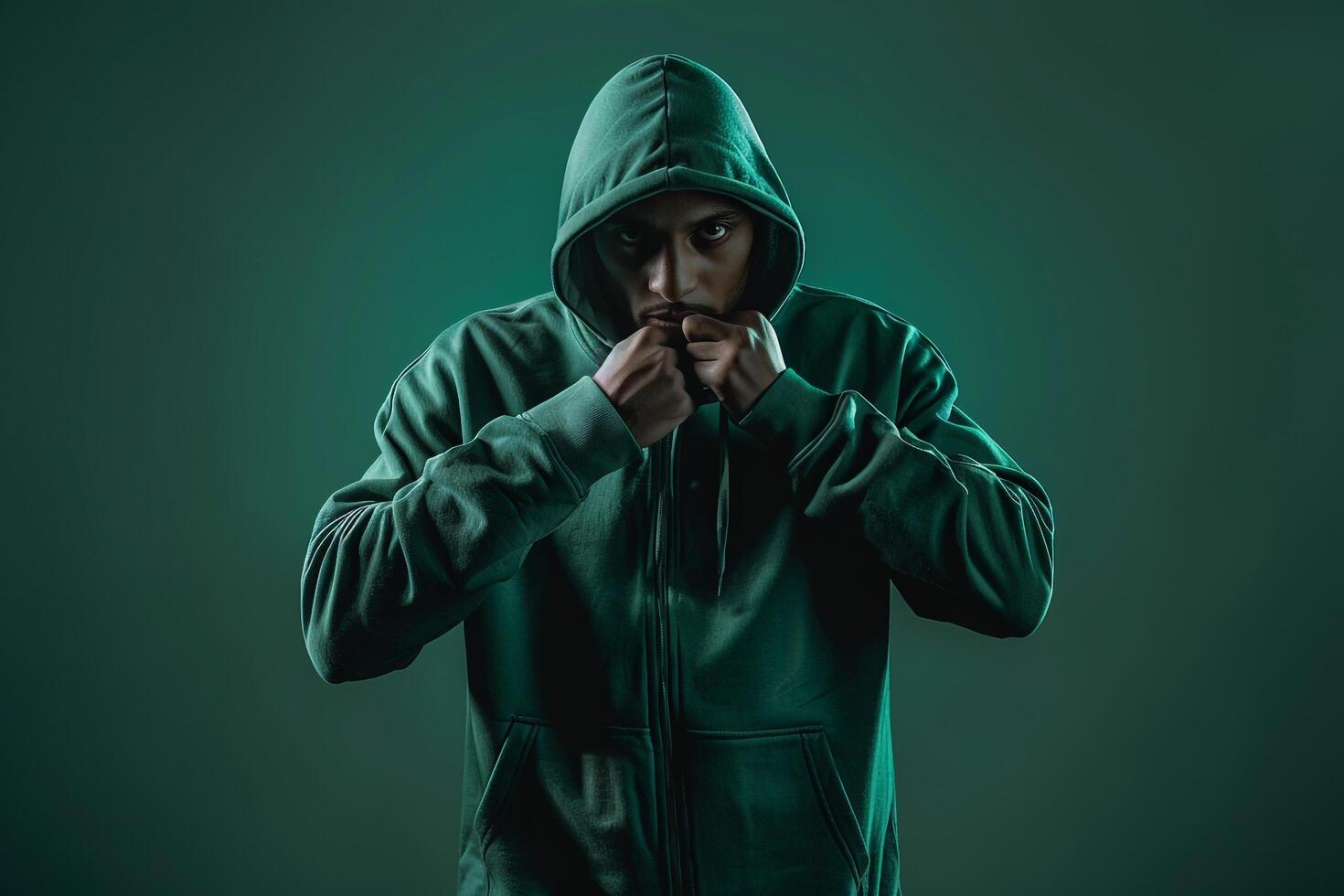 Relaxed Fashion StateMalet Hoodie Clad Male portrait with Moss Green Background Highlighted photo