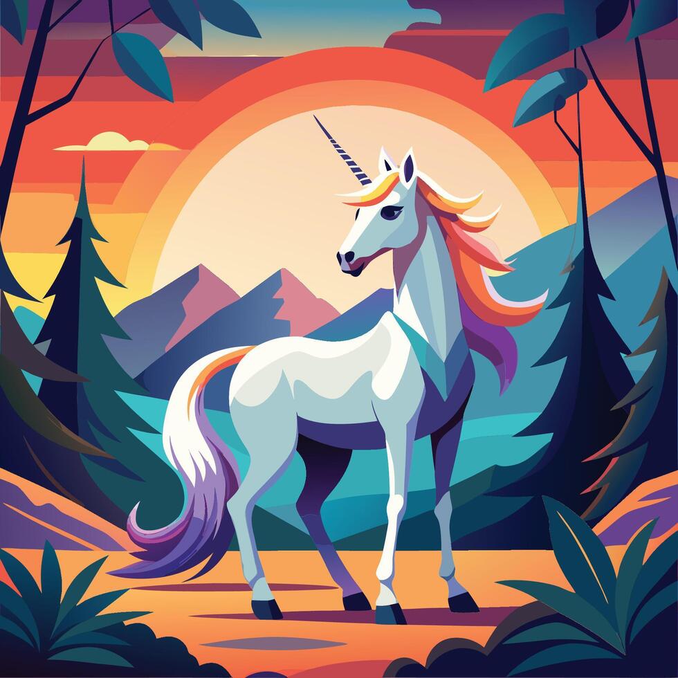 a unicorn stands in front of a forest at sunset vector