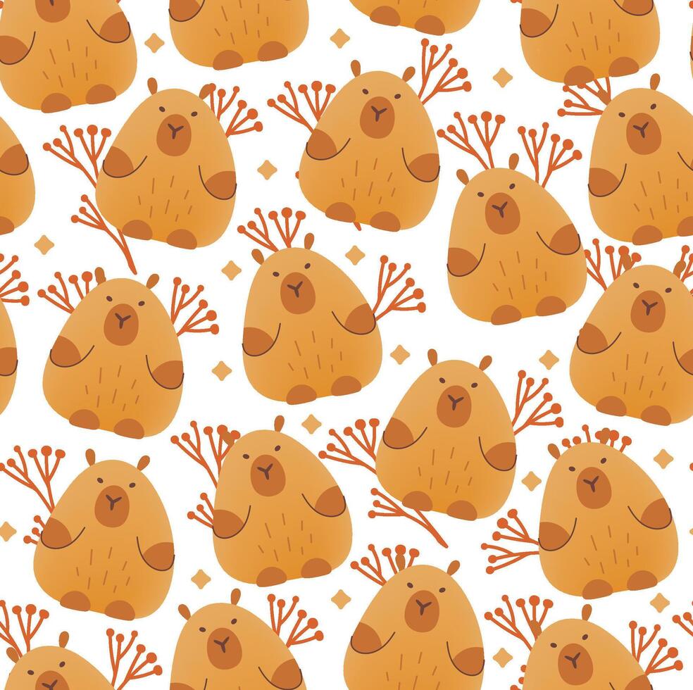 Capybara with flowers seamless pattern on white background. illustration of cute cartoon animals.Kids print in flat style with mesh gradient.Brown colors. vector