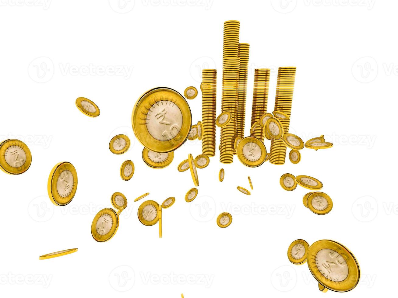 Group of Gold coins and rupees tower on white.Indian rupees and coin. photo