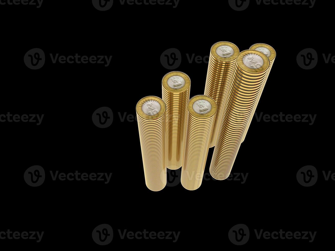 Group of Gold coins and rupees tower on white.Indian rupees and coin. photo