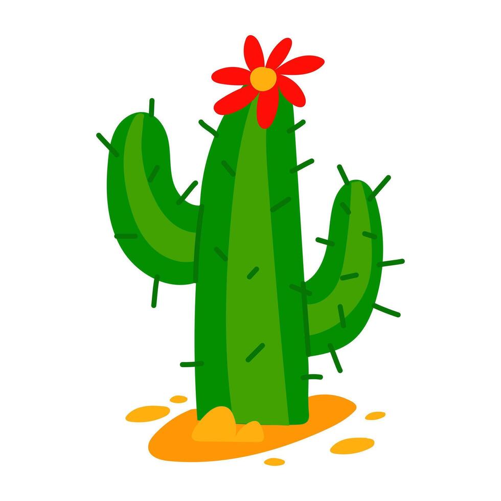 prickly cactus with a red flower grows on the sand in the desert. Flat illustration on a white background. Mexican, desert-themed party. cheerful green prickly cactus with an open large flower vector