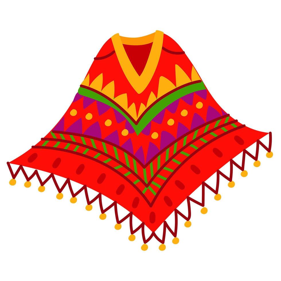 Mexican poncho on an isolated white background. flat illustration of national Mexican clothing. Rectangular bedspread with a cut-out throat in bright colors and with pompoms. Thick fabric vector