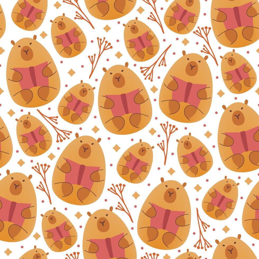 Capybara with book and flowers,leaves seamless pattern on white background. illustration of cute cartoon animals.Kids print in flat style with mesh gradient. vector