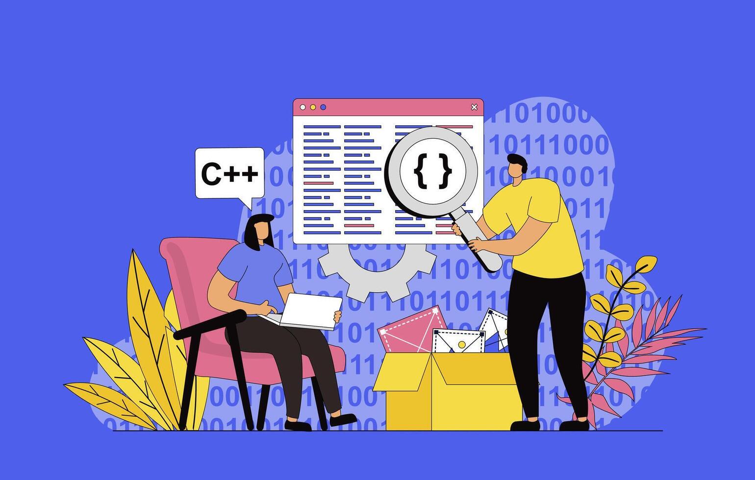 Programming software concept with modern flat design for web. Developers working with code on screens, creating new program products and software, searching and optimizating apps. illustration. vector