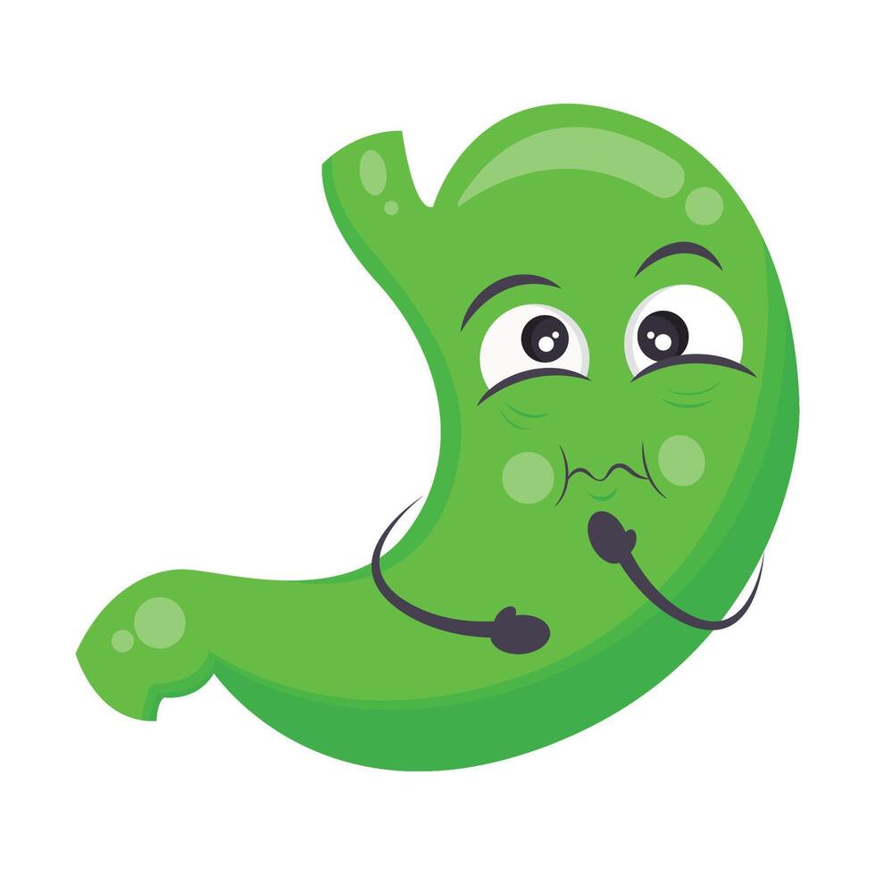 Green human stomach cartoon character icon sick with nausea, bile, and acid reflux syndrome vector