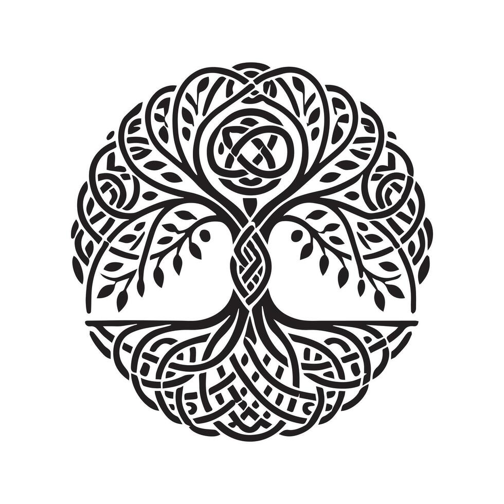 Celtic Tree of Life Clipart, Celtic Tree Silhouette - A Celtic Aspen of Oghma Tree illustration in black and white vector