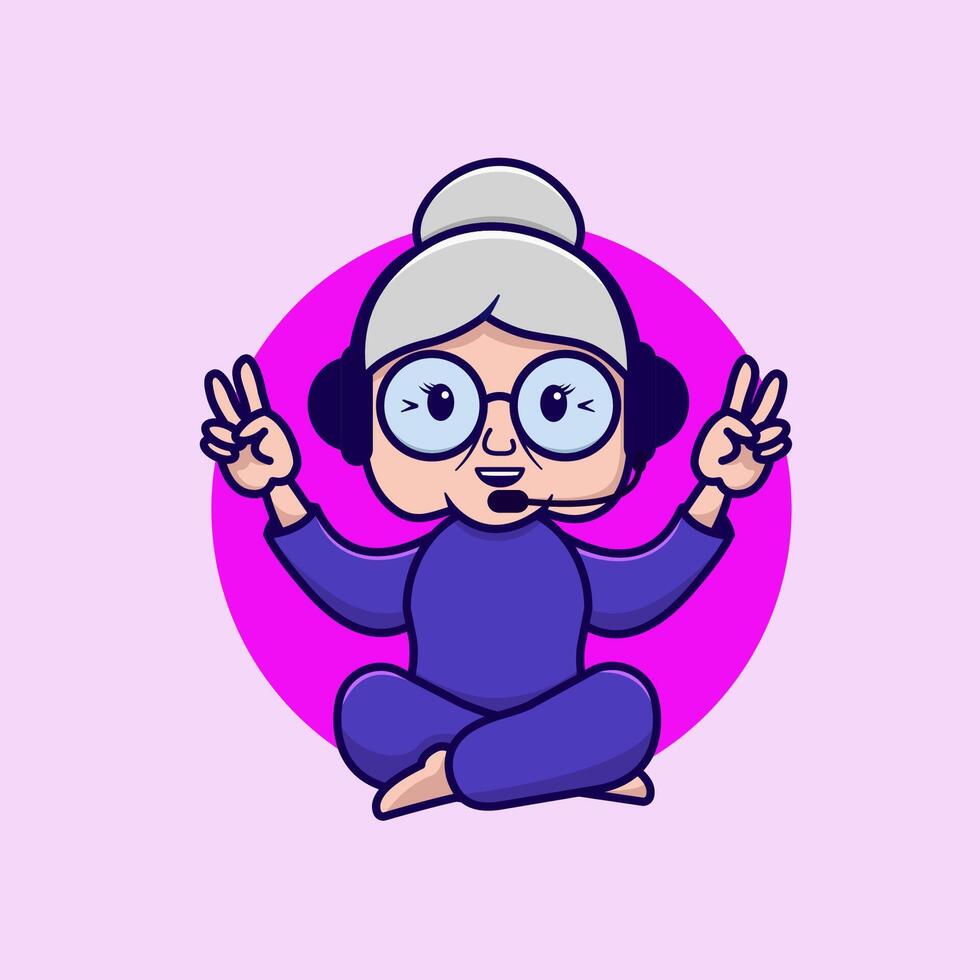 Modern grandmother in headphones sits in a lotus position vector