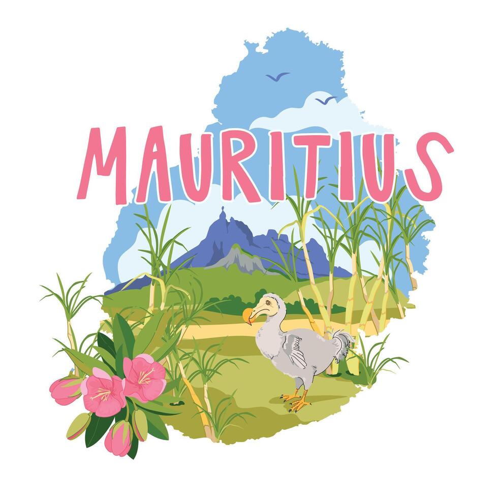Sugar cane fields with famous mount pieter both on mauritius map. Dodo endemic extinct bird, typical plant mauritiustrochetia boutoniana national symbol of the island. landmarks in flat style. vector