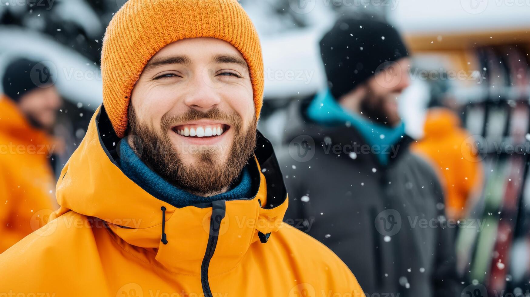Smiling rental personnel handing snowboards to excited customers cozy cabin style shop with organized racks of gear winter resort energy and helpful, cheerful service photo
