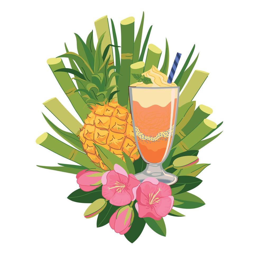composition with refreshing cocktail, pineapple and tropical flowers. Ice cream illustration for beach bar menu. Cruise vacation, summer holidays, party, cafe, vacation. vector