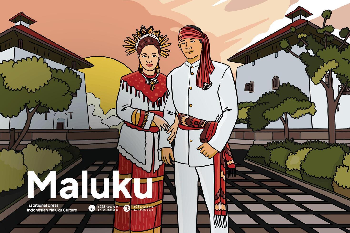 Indonesian Maluku culture and Landmark illustration layout template design vector