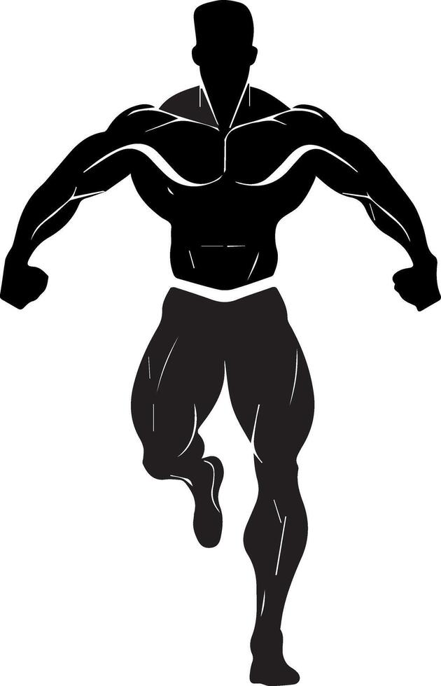 A silhouette logo for a fitness brand, showcasing a strong, muscular figure in an action pose, with bold lines and a dynamic shape vector