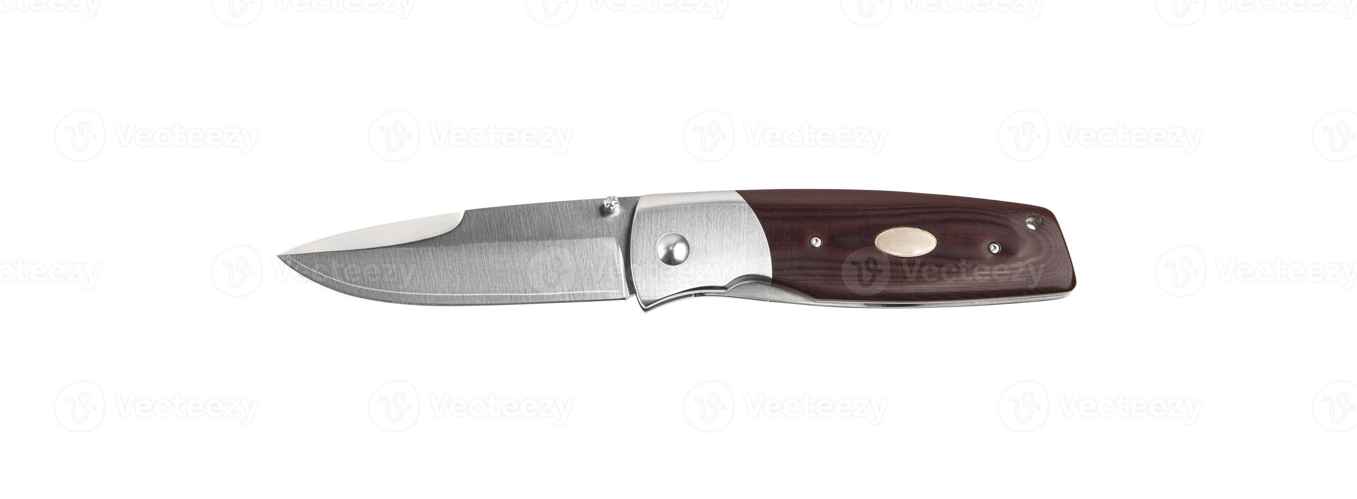 Pocket knife with wooden handle. Folding knife with metal clip. Jackknife. Isolate on a white back. photo