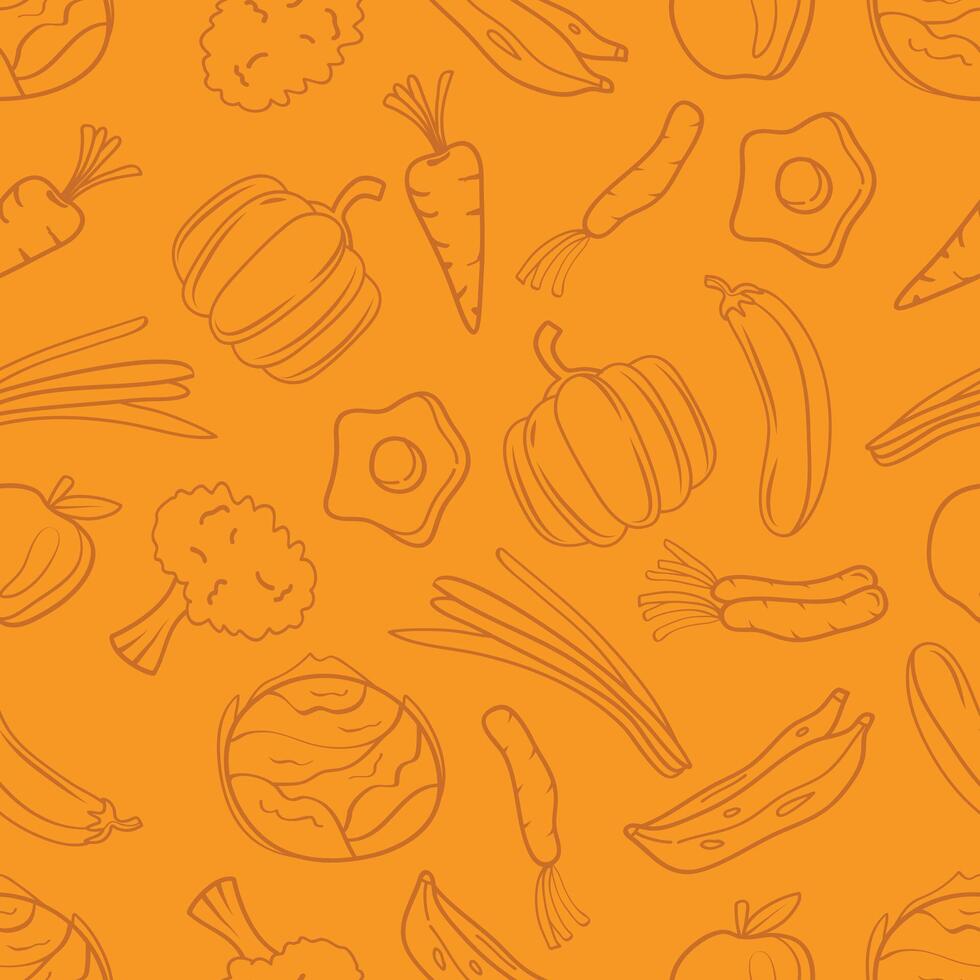 Seamless pattern of foods ,fruits and vegetables-hand drawn line art on yellow background. vector