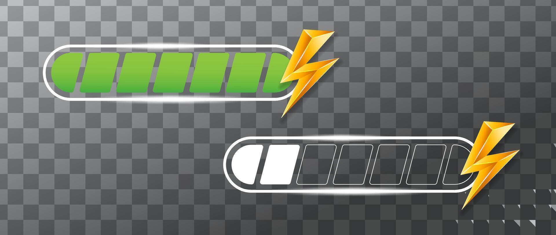 Set of battery status indicator icons with lightning bolts, showcasing different energy levels. Great for UI UX design, energy management apps, and tech-related visuals. vector