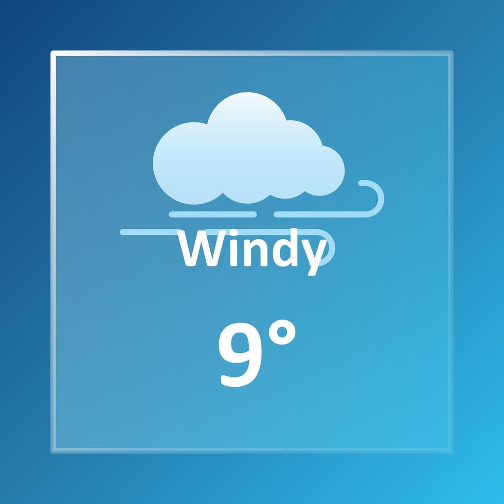 Windy 9 Degrees Celsius weather forecast. Cloudy, overcast, cold, wind speed, air, precipitation, temperature, atmospheric pressure, Fahrenheit, conditions, UV index, synoptic. Glassmorphism vector
