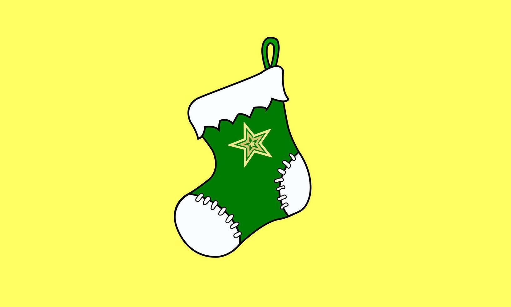 Green Christmas stocking with white fur isolated cutout on yellow background. vector