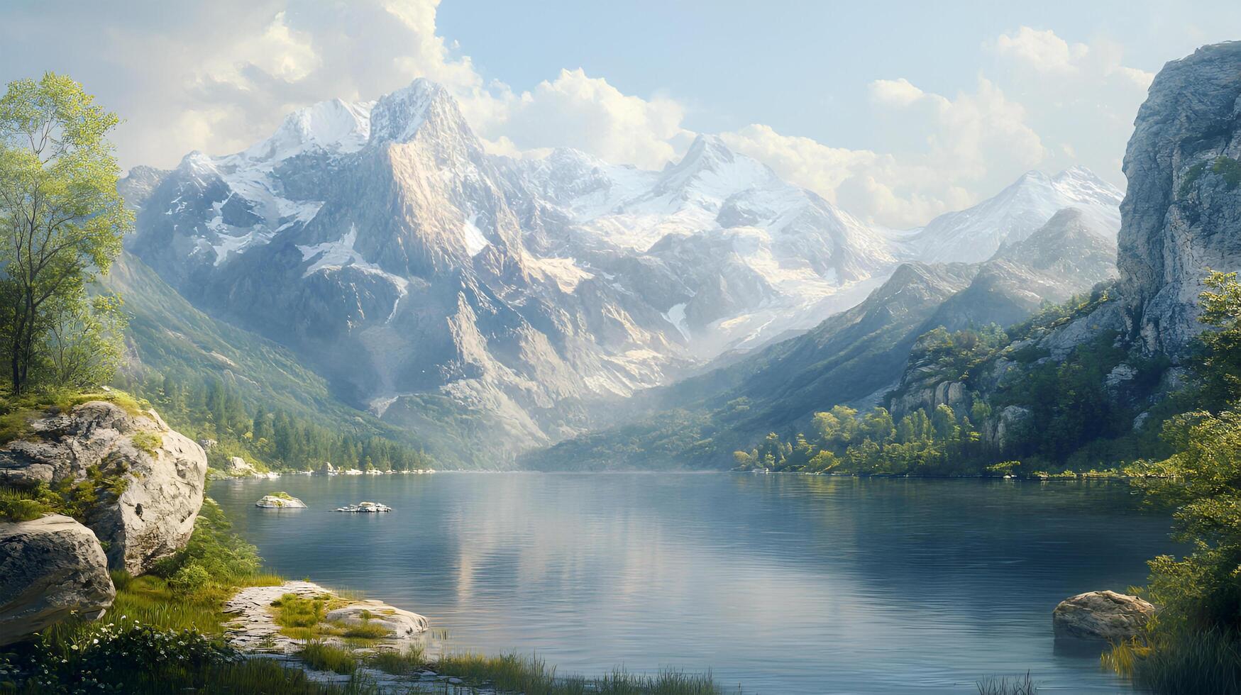 A beautiful river landscape between mountains and clouds. photo