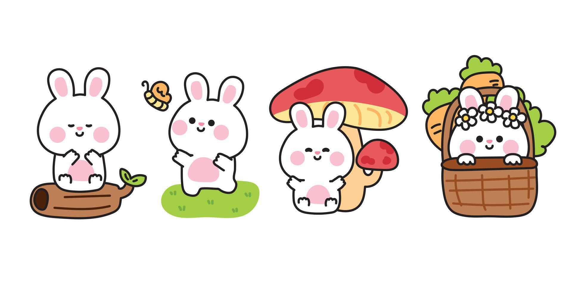 Set of cute various poses rabbit in jungle.Nature.Rodent.Mushroom,carrot,flower,butterfly hand drawn.Easter.Bunny.Animal character cartoon design.Baby graphic.Kawaii.Illustration. vector