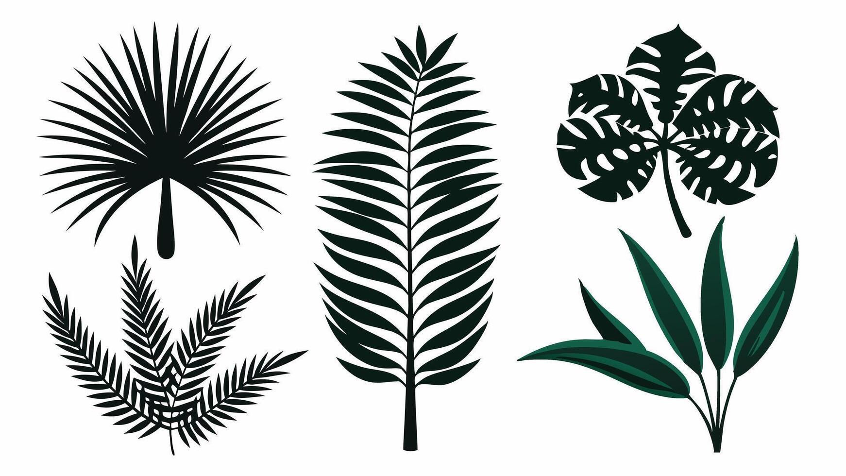 Set of 4 simple palm tree leaf silhouette on white background vector