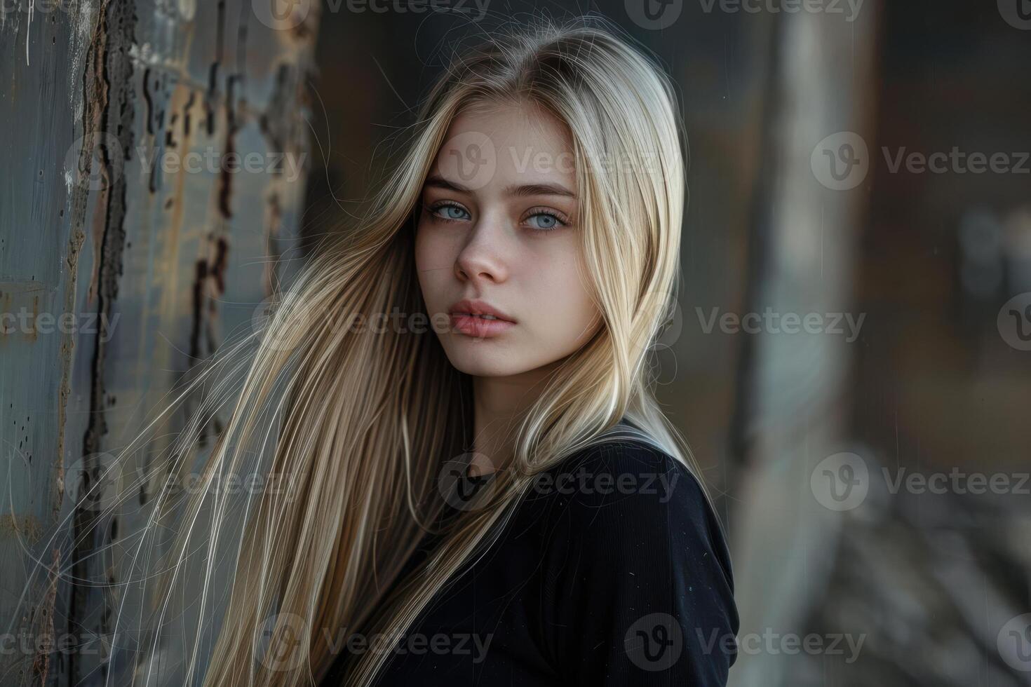 Young and Beautiful Woman Standing with Long Straight Blonde Hair, Emphasizing Elegant Fashion and Graceful Style photo