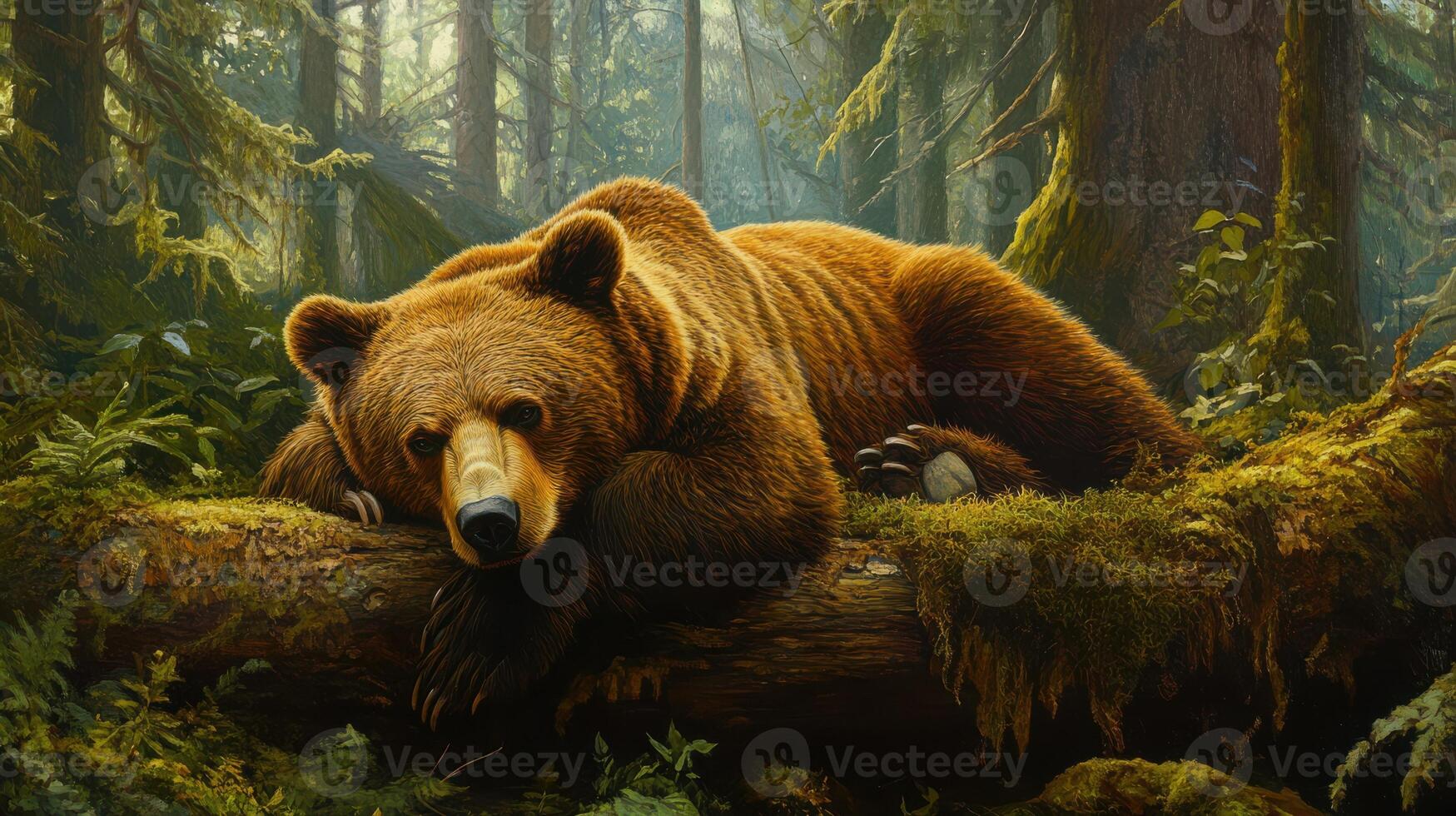 A brown bear rests peacefully on a moss-covered log amidst the forest greenery. photo